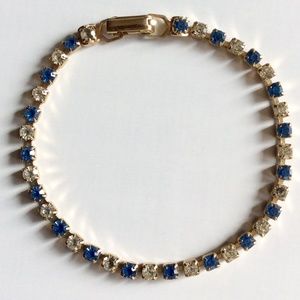 Vintage Bracelet Clear And Blue Crystal Prong Link Gold Tone 7”